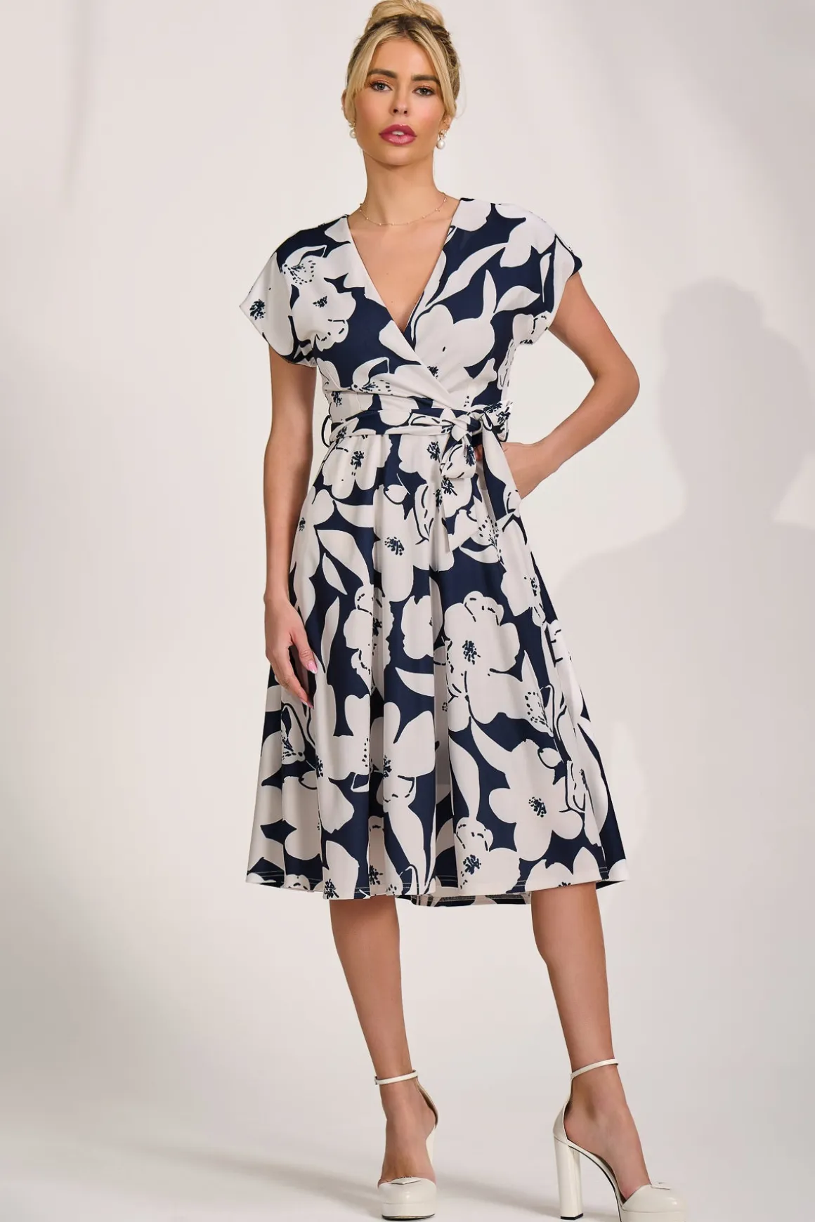 V Neck Print Scuba Midi Dress, Navy Floral