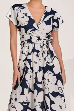 V Neck Print Scuba Midi Dress, Navy Floral