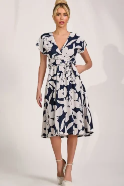 V Neck Print Scuba Midi Dress, Navy Floral