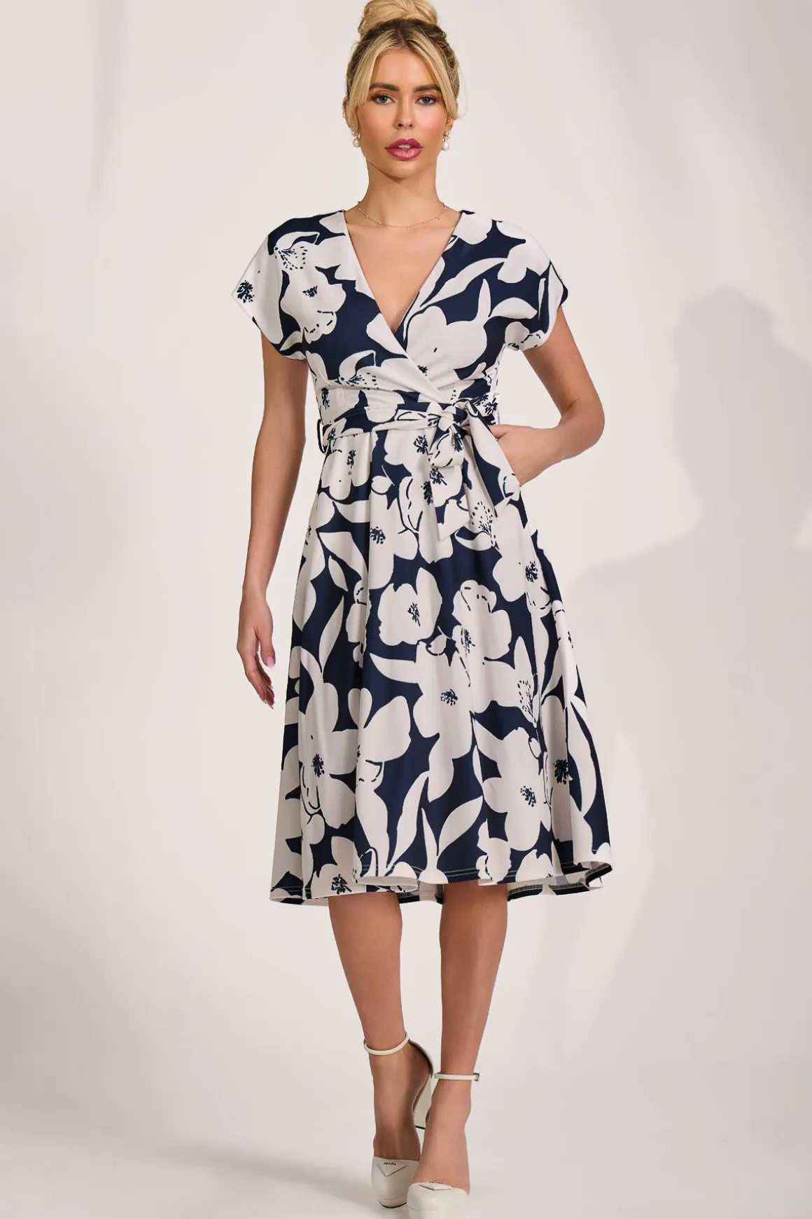 V Neck Print Scuba Midi Dress, Navy Floral