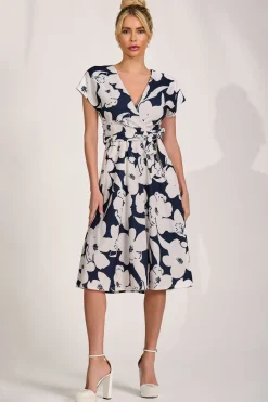 V Neck Print Scuba Midi Dress, Navy Floral