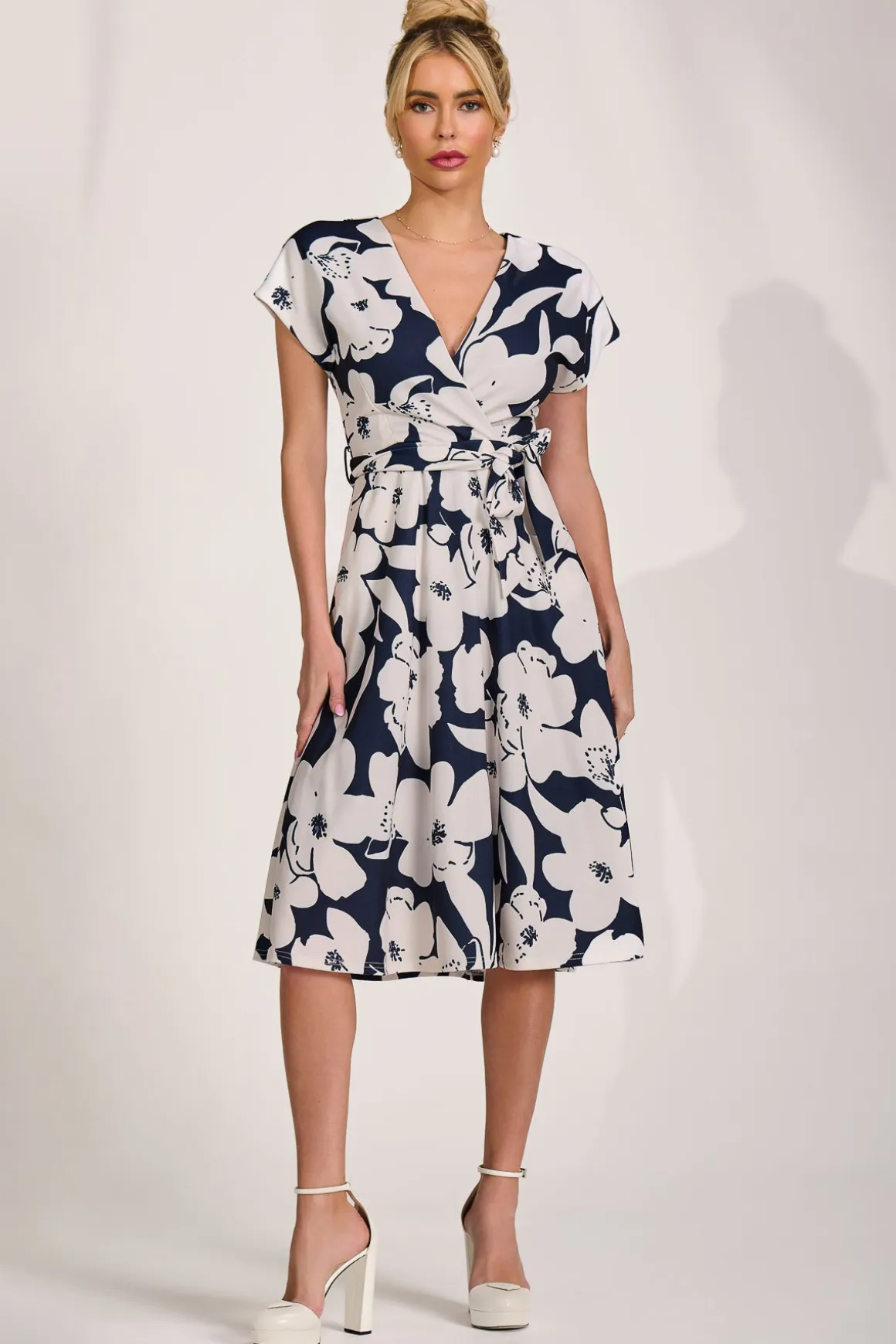 V Neck Print Scuba Midi Dress, Navy Floral