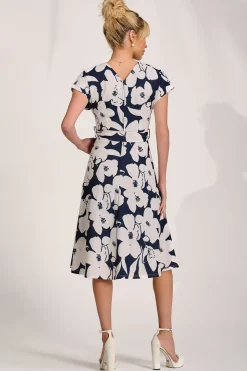 V Neck Print Scuba Midi Dress, Navy Floral