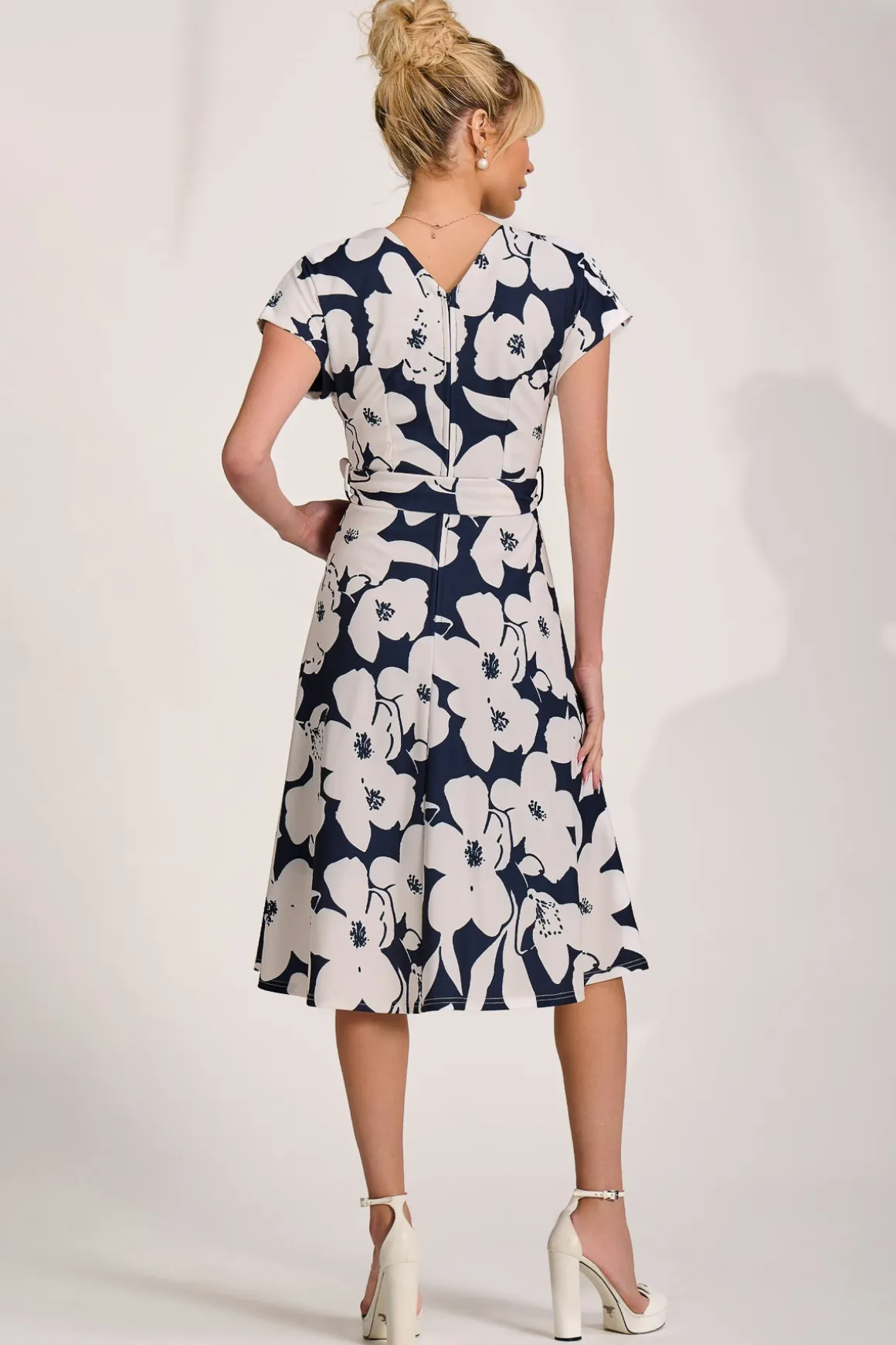 V Neck Print Scuba Midi Dress, Navy Floral