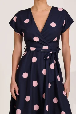 V Neck Print Scuba Midi Dress, Navy Spot