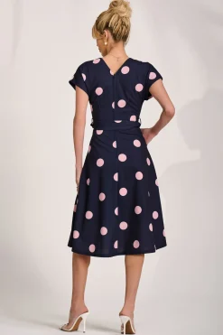 V Neck Print Scuba Midi Dress, Navy Spot