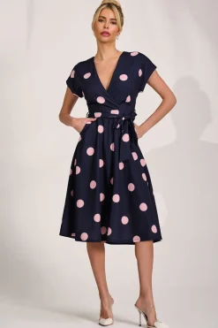 V Neck Print Scuba Midi Dress, Navy Spot