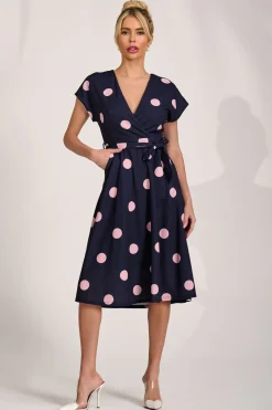 V Neck Print Scuba Midi Dress, Navy Spot