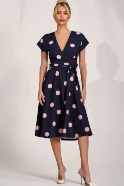 V Neck Print Scuba Midi Dress, Navy Spot