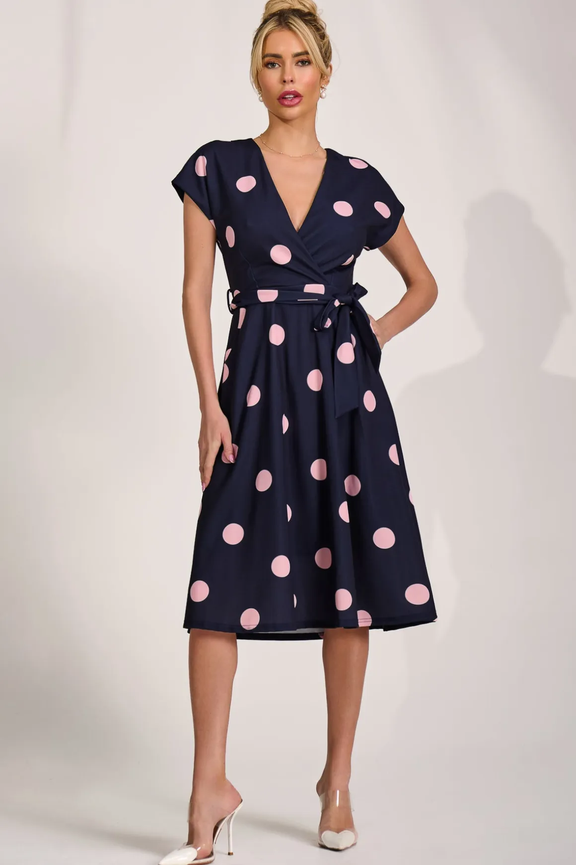 V Neck Print Scuba Midi Dress, Navy Spot