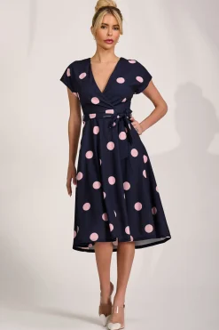 V Neck Print Scuba Midi Dress, Navy Spot