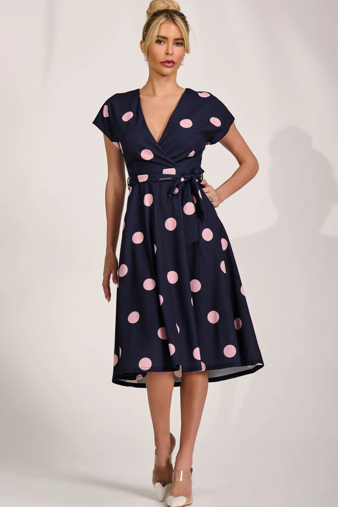 V Neck Print Scuba Midi Dress, Navy Spot