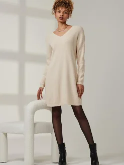 V-Neck Ribbed Knit Tunic Jumper, Beige Heather