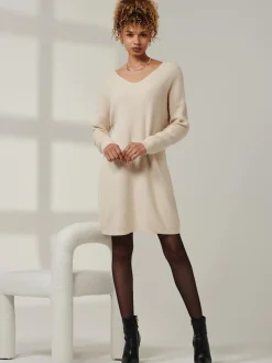 V-Neck Ribbed Knit Tunic Jumper, Beige Heather