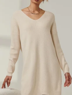 V-Neck Ribbed Knit Tunic Jumper, Beige Heather