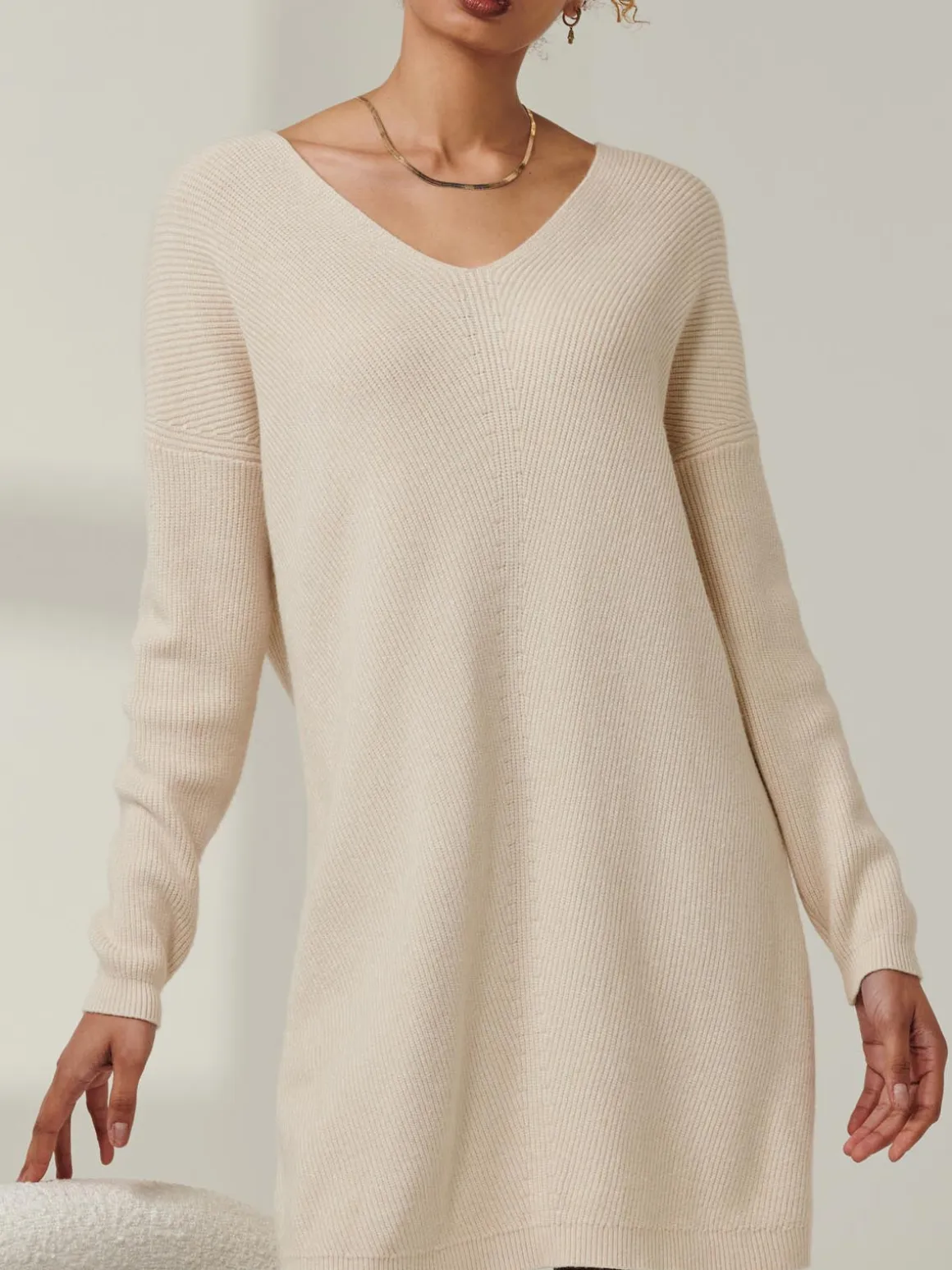V-Neck Ribbed Knit Tunic Jumper, Beige Heather