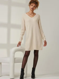 V-Neck Ribbed Knit Tunic Jumper, Beige Heather