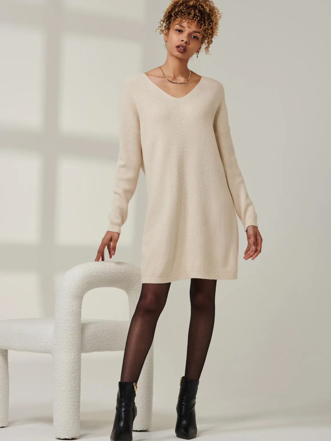 V-Neck Ribbed Knit Tunic Jumper, Beige Heather