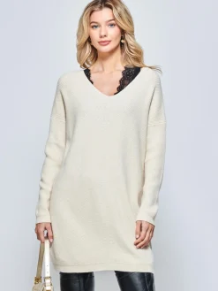 V-Neck Ribbed Knit Tunic Jumper, Beige Heather