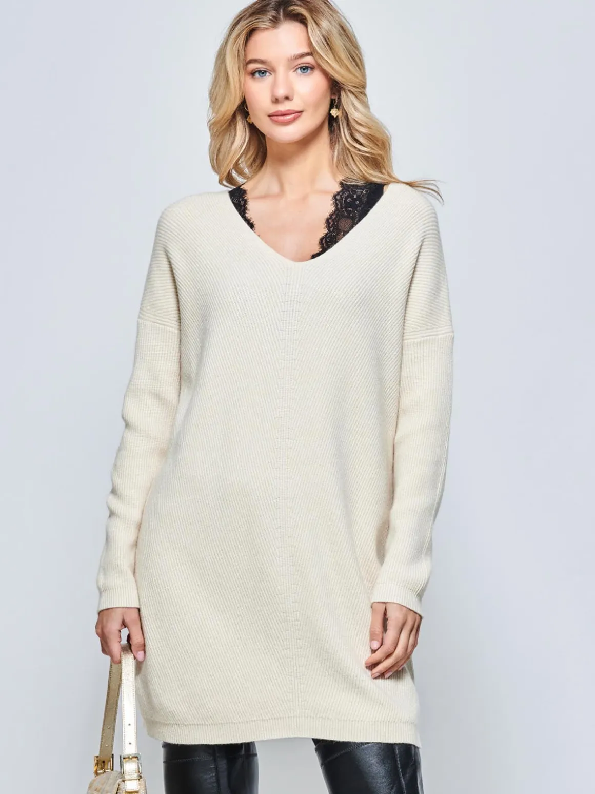 V-Neck Ribbed Knit Tunic Jumper, Beige Heather