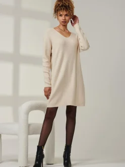V-Neck Ribbed Knit Tunic Jumper, Beige Heather