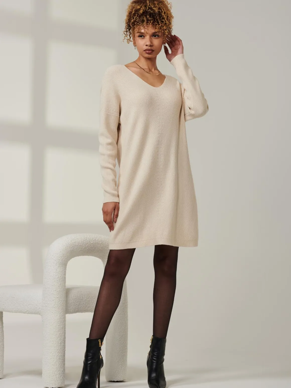 V-Neck Ribbed Knit Tunic Jumper, Beige Heather