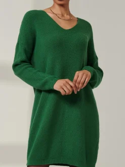 V-Neck Ribbed Knit Tunic Jumper, Green