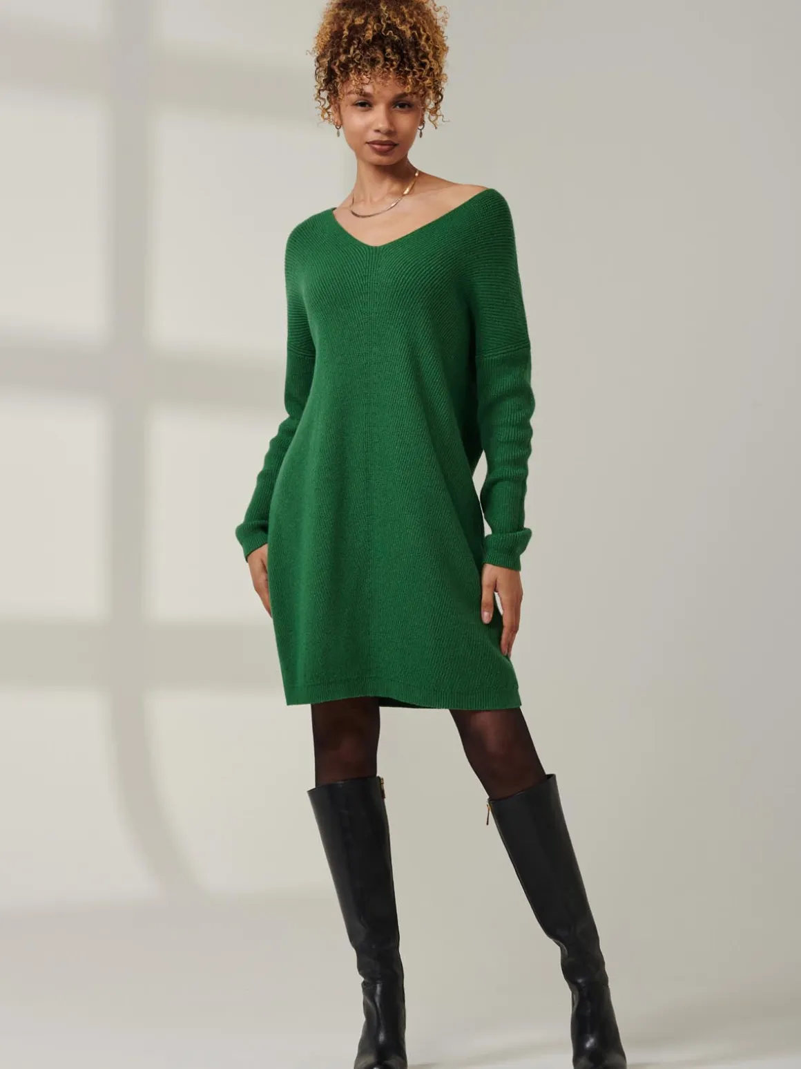 V-Neck Ribbed Knit Tunic Jumper, Green