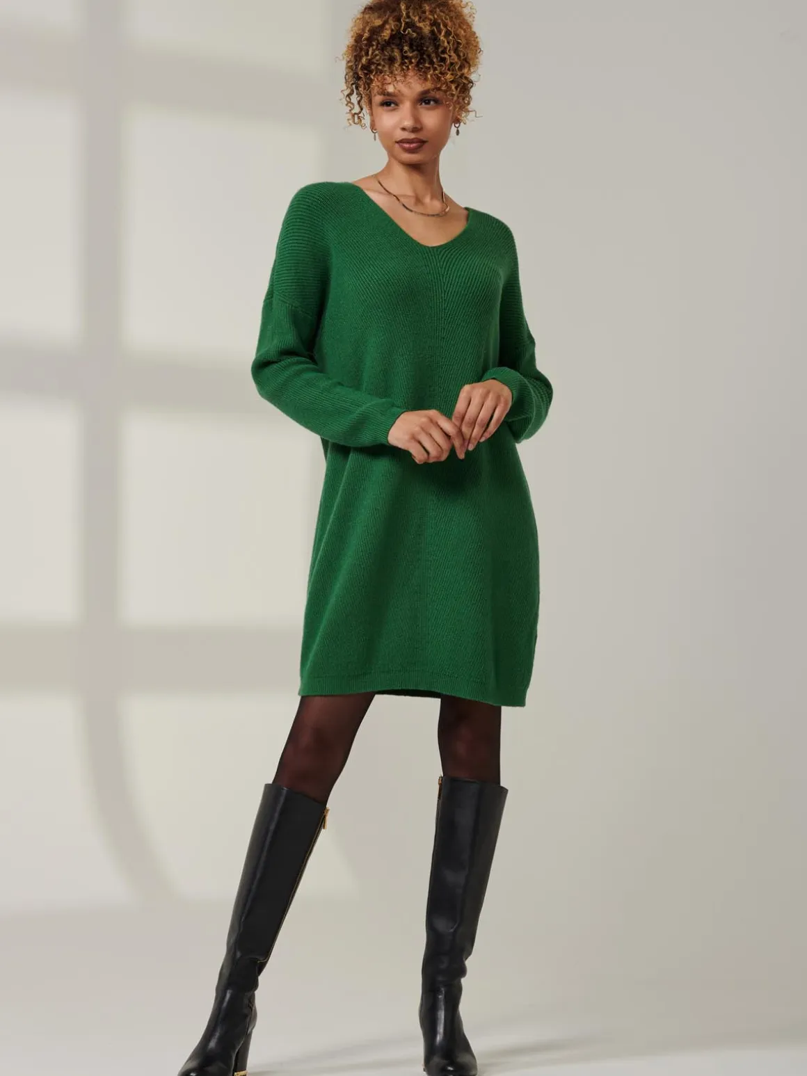 V-Neck Ribbed Knit Tunic Jumper, Green