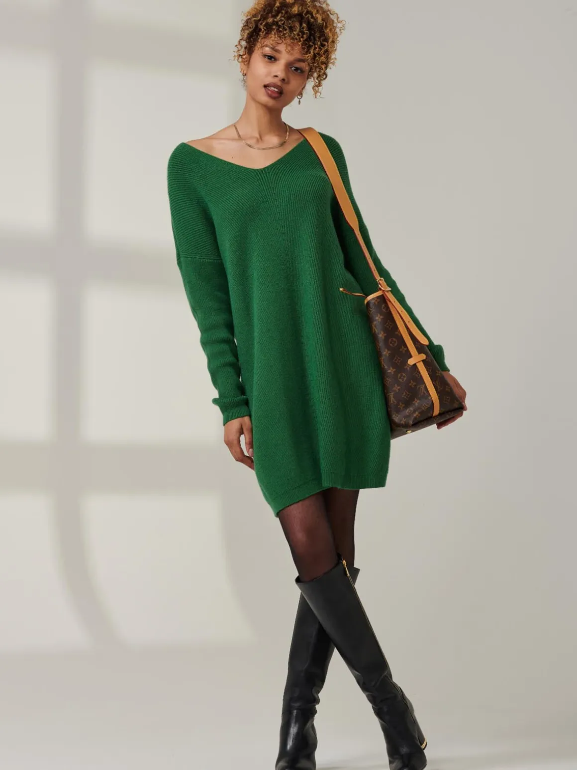 V-Neck Ribbed Knit Tunic Jumper, Green