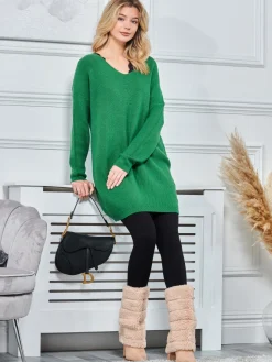 V-Neck Ribbed Knit Tunic Jumper, Green