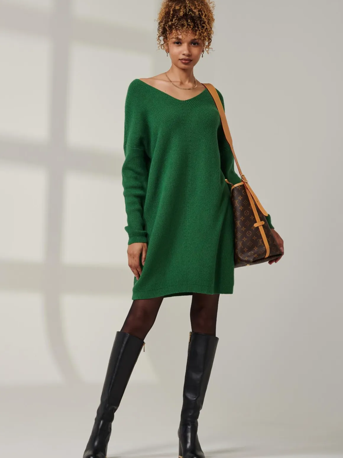 V-Neck Ribbed Knit Tunic Jumper, Green