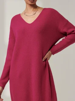 V-Neck Ribbed Knit Tunic Jumper, Raspberry