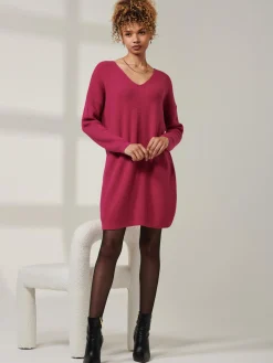 V-Neck Ribbed Knit Tunic Jumper, Raspberry