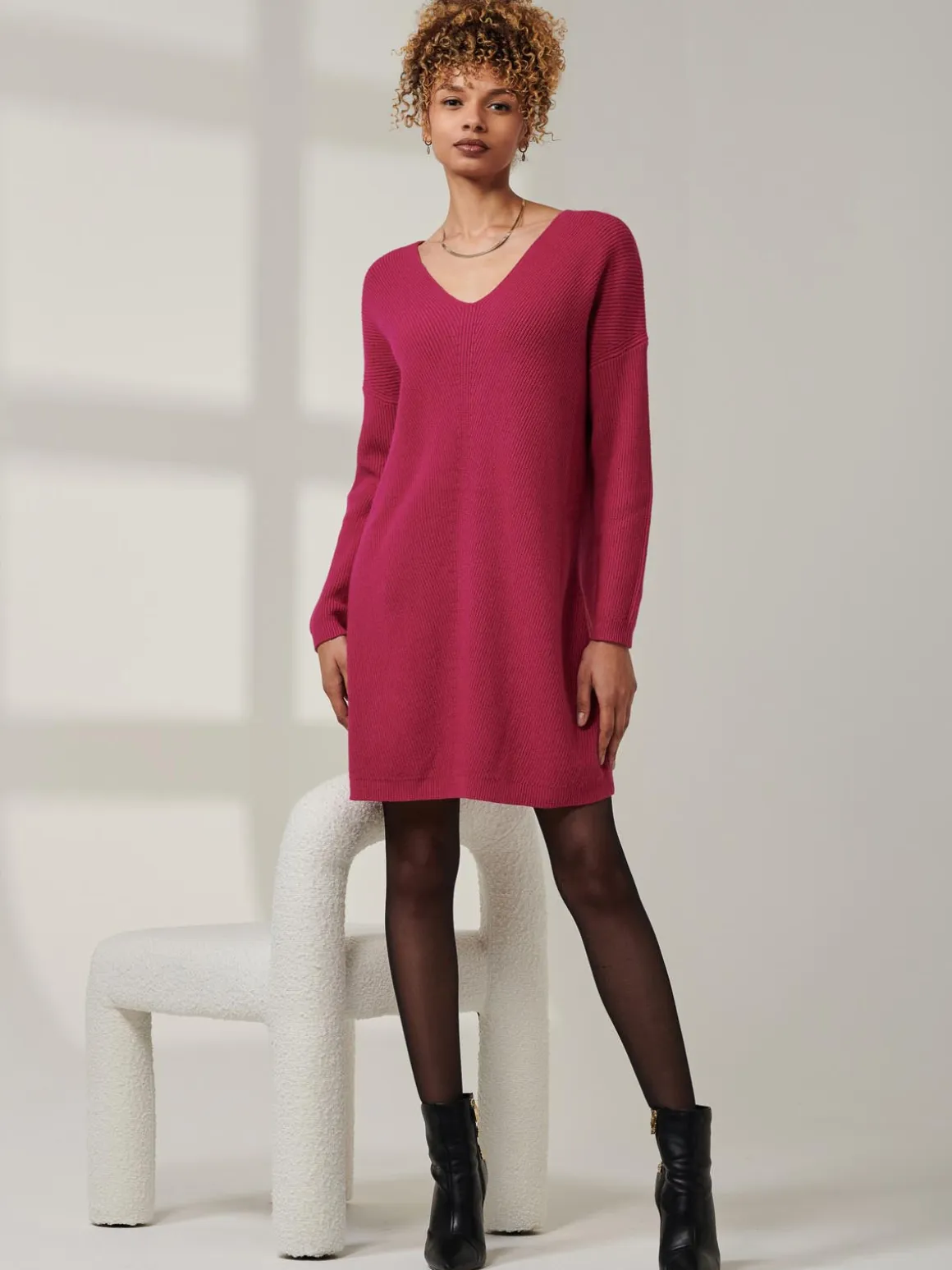 V-Neck Ribbed Knit Tunic Jumper, Raspberry