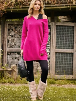 V-Neck Ribbed Knit Tunic Jumper, Raspberry