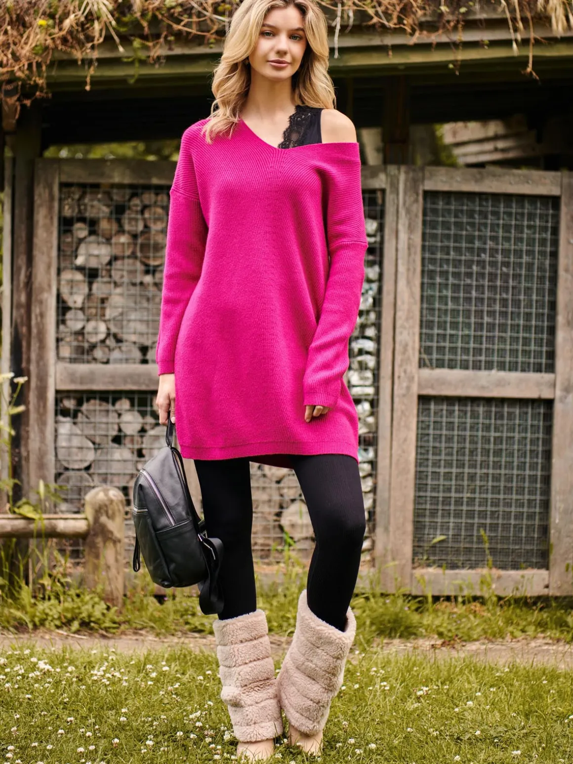 V-Neck Ribbed Knit Tunic Jumper, Raspberry