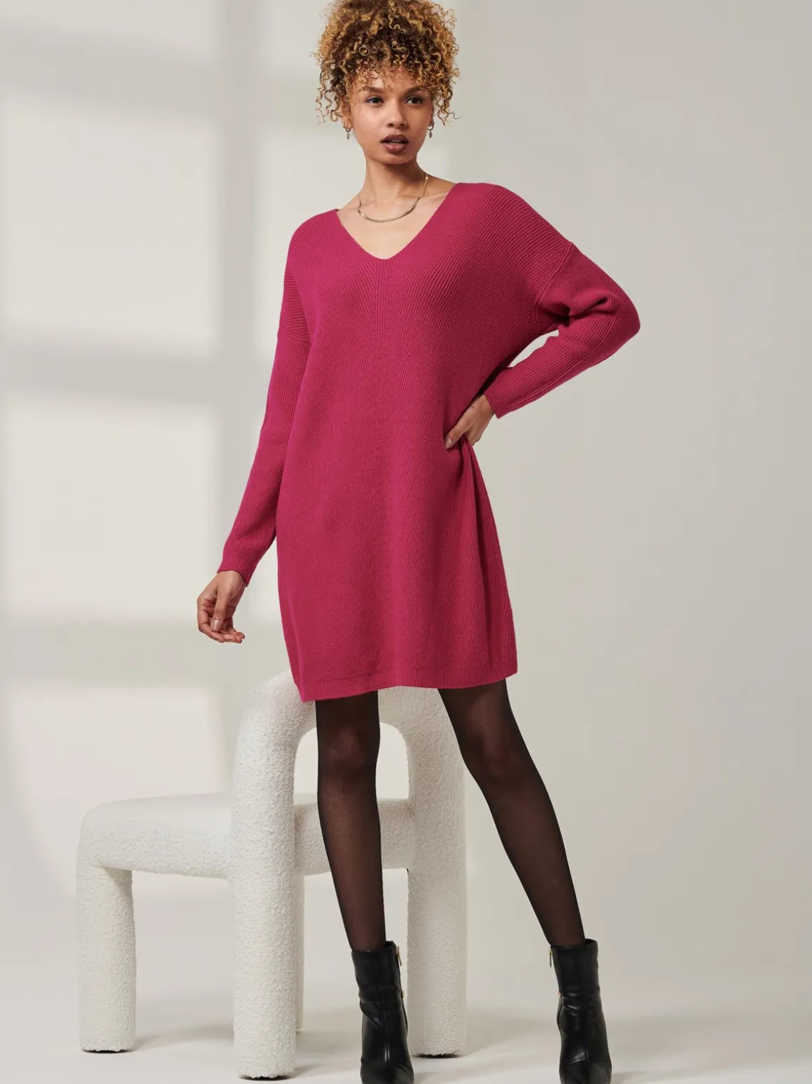 V-Neck Ribbed Knit Tunic Jumper, Raspberry