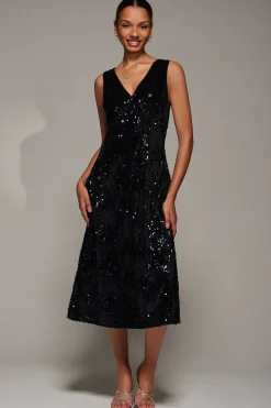V-Neck Sequin Embellished Velvet Midi Dress, Black