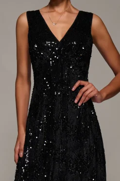 V-Neck Sequin Embellished Velvet Midi Dress, Black
