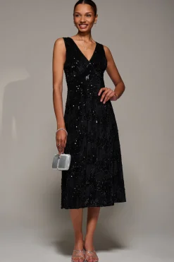V-Neck Sequin Embellished Velvet Midi Dress, Black