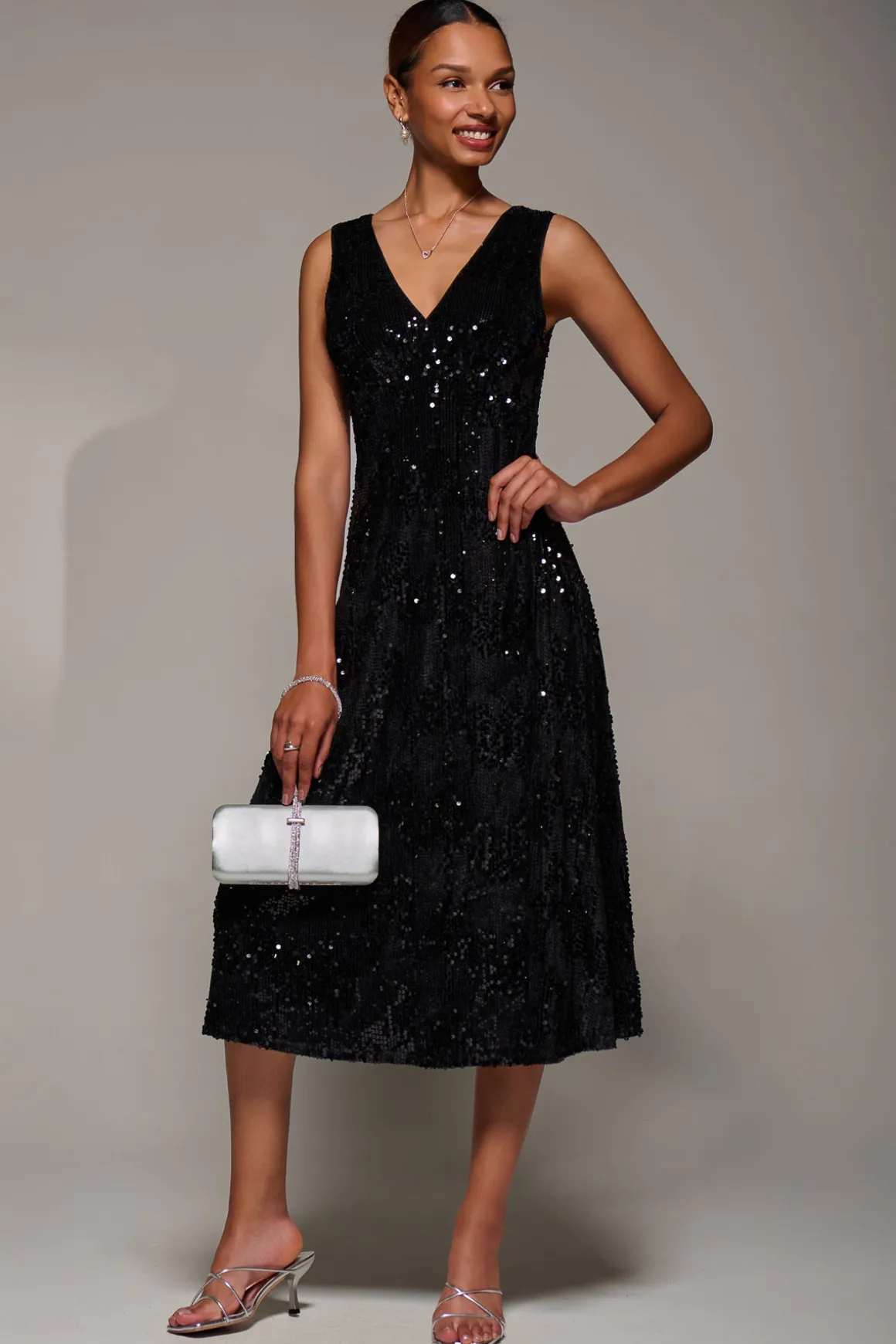 V-Neck Sequin Embellished Velvet Midi Dress, Black