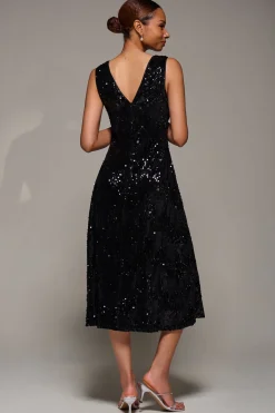 V-Neck Sequin Embellished Velvet Midi Dress, Black
