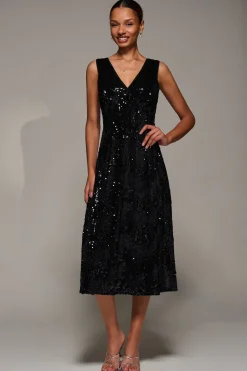 V-Neck Sequin Embellished Velvet Midi Dress, Black