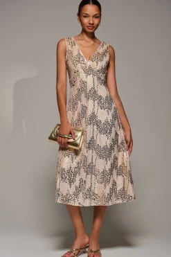 V-Neck Sequin Embellished Velvet Midi Dress, Gold