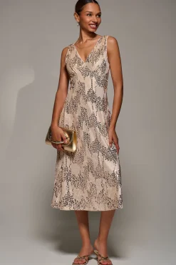 V-Neck Sequin Embellished Velvet Midi Dress, Gold