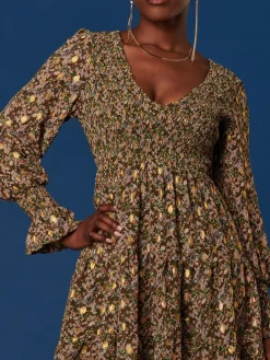 V Neck Shirred Detail Chiffon Dress, Green Floral