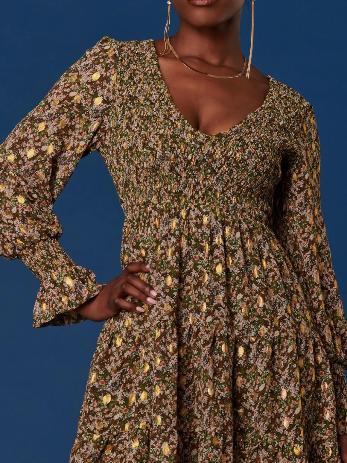 V Neck Shirred Detail Chiffon Dress, Green Floral