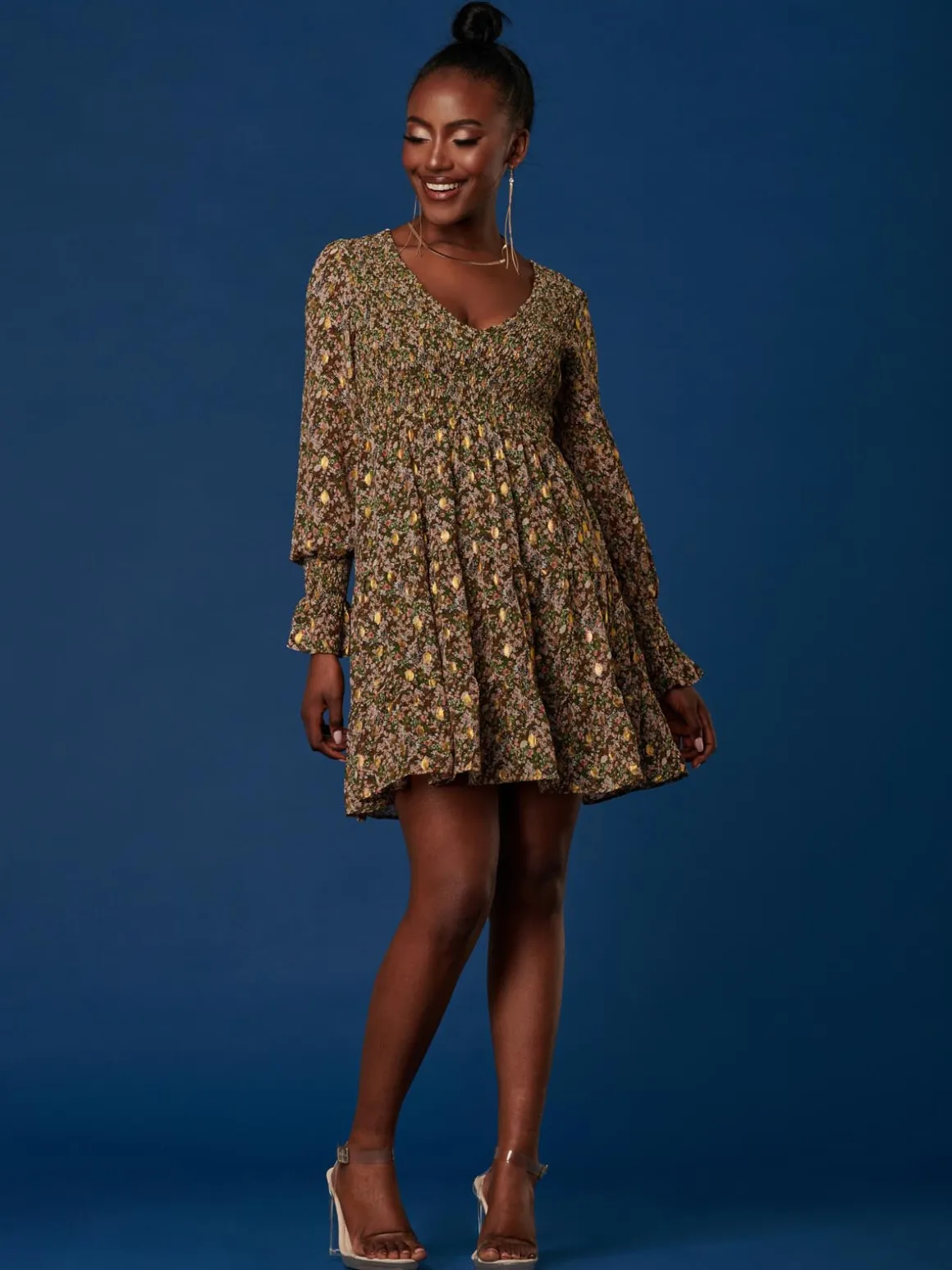 V Neck Shirred Detail Chiffon Dress, Green Floral
