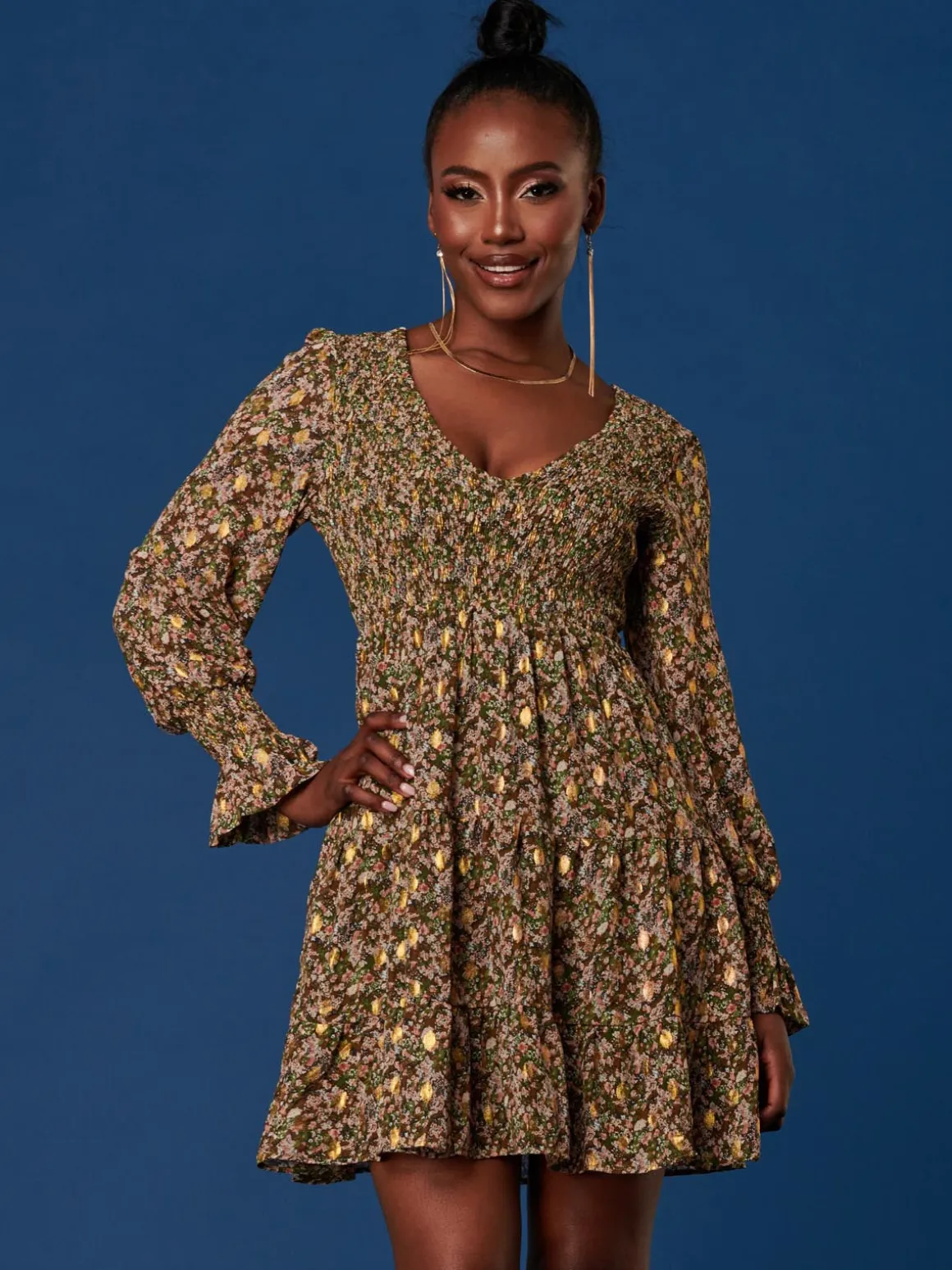 V Neck Shirred Detail Chiffon Dress, Green Floral